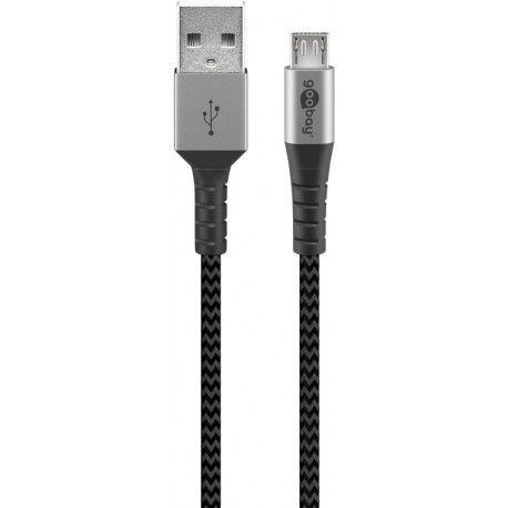 Goobay Micro-USB till USB-A textilkabel med metallkontakter 2 m elegant och extra robust anslutningskabel för enheter med Micro-USB-anslutning