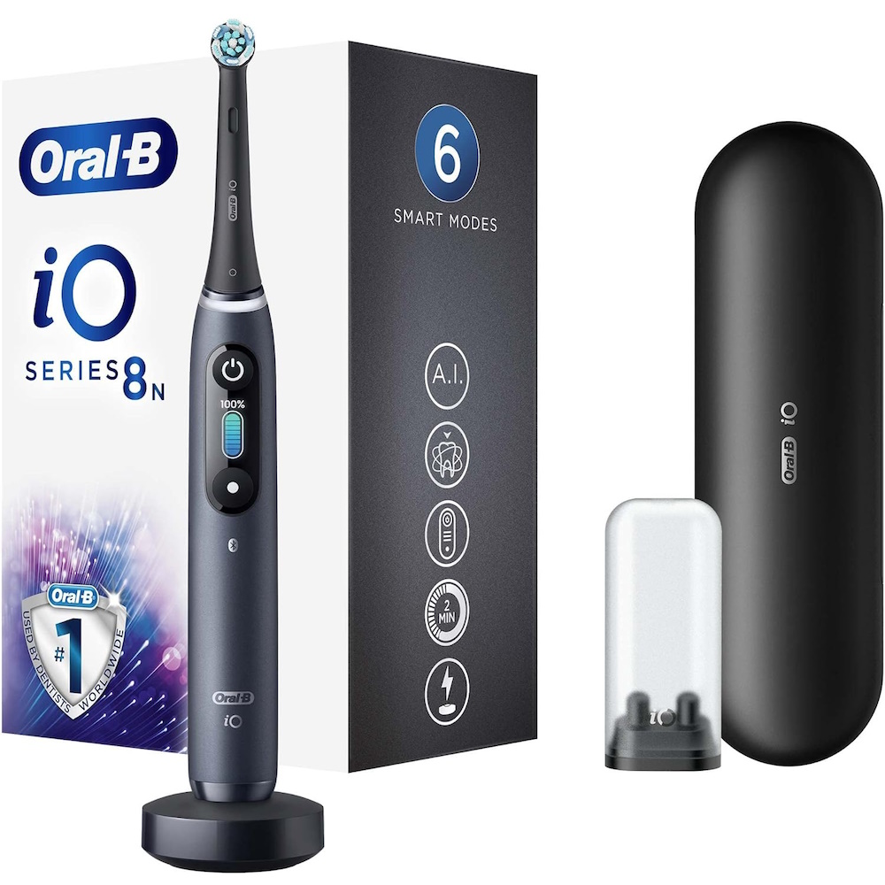 Braun Oral-B elektrisk tandbørste iO Series 8N genopladelig, til voksne, antallet af børstehoveder inkluderer 1, antallet af tandbørstetilstande 6, sort onyx (iO8 sort)