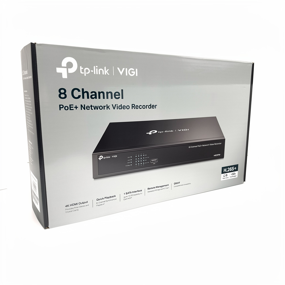 TP-Link VIGI NVR1008H-8P, 8 kanaler, 3840 x 2160 pixel, 8 kanaler, 720p, 1080p, 1920 x 1080, 1680 x 1050, 1440 x 900, 1280 x 1024, 102 4x 768, 1280 x 720, H.264, H.264+, H.265, H.265+