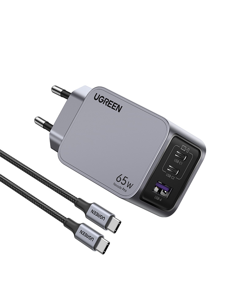 Ugreen Nexode Pro series X755 - Strømforsyningsadapter - GaN - 65 Watt - PD - 3 output-stikforbindelser (2 x USB-C, USB) - på kabel: USB-C - grå