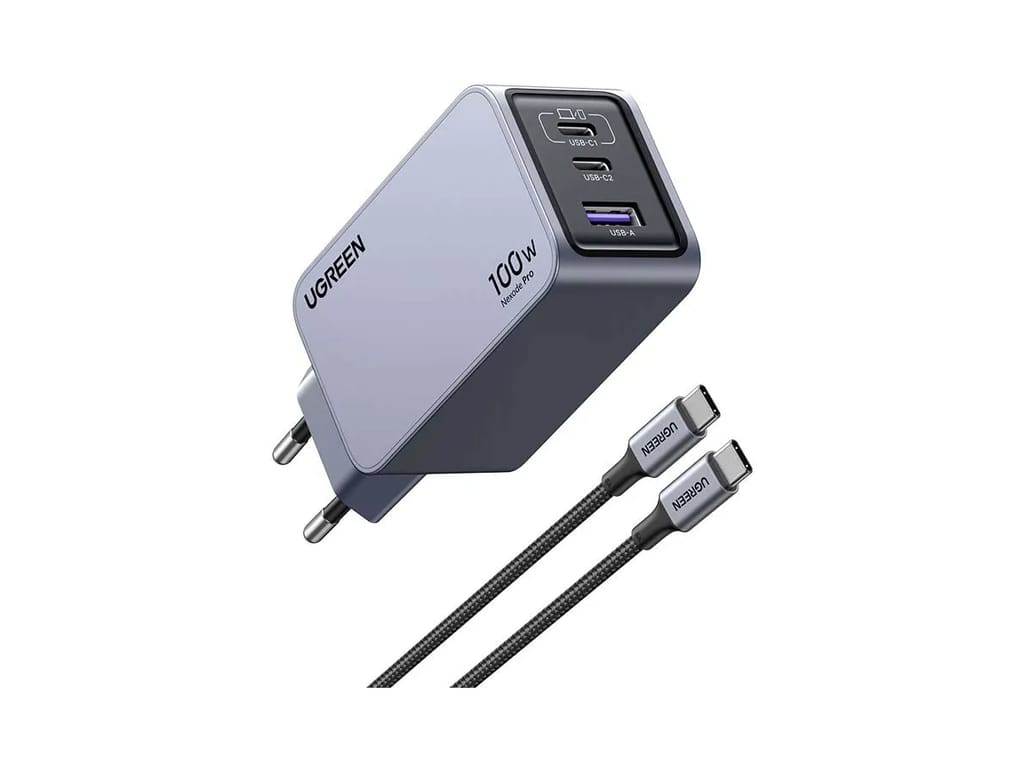 Ugreen Nexode Pro series - Strømforsyningsadapter - GaN - 100 Watt - 2.5 A - PD - 3 output-stikforbindelser (2 x USB-C, USB) - på kabel: USB-C