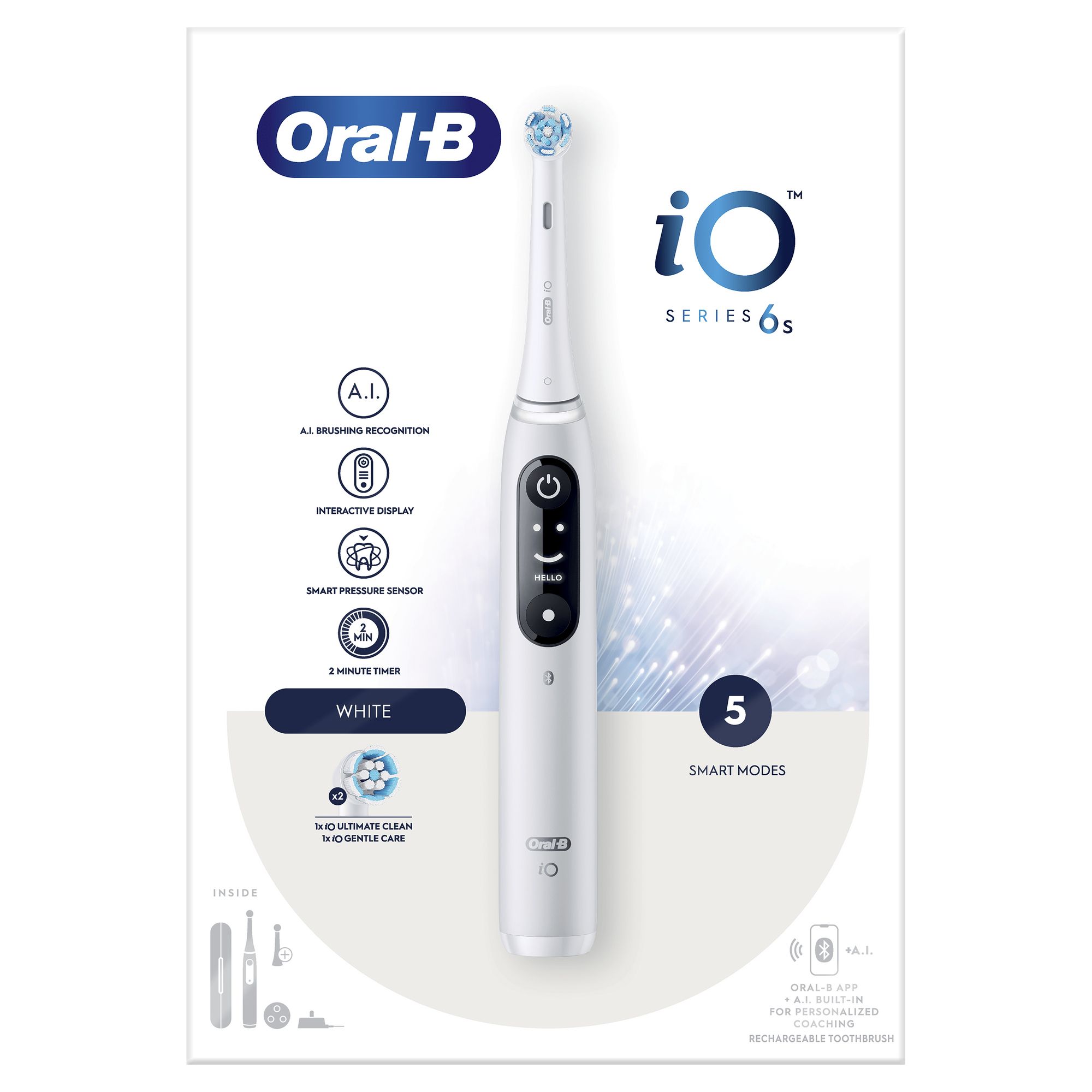 Oral-B iO 6, Voksen, Vibrerende tandbørste, Daglig pleje, Dyb rensning, Gum pleje, Sensitiv, Blegning, Hvid, 2 min, Hvid