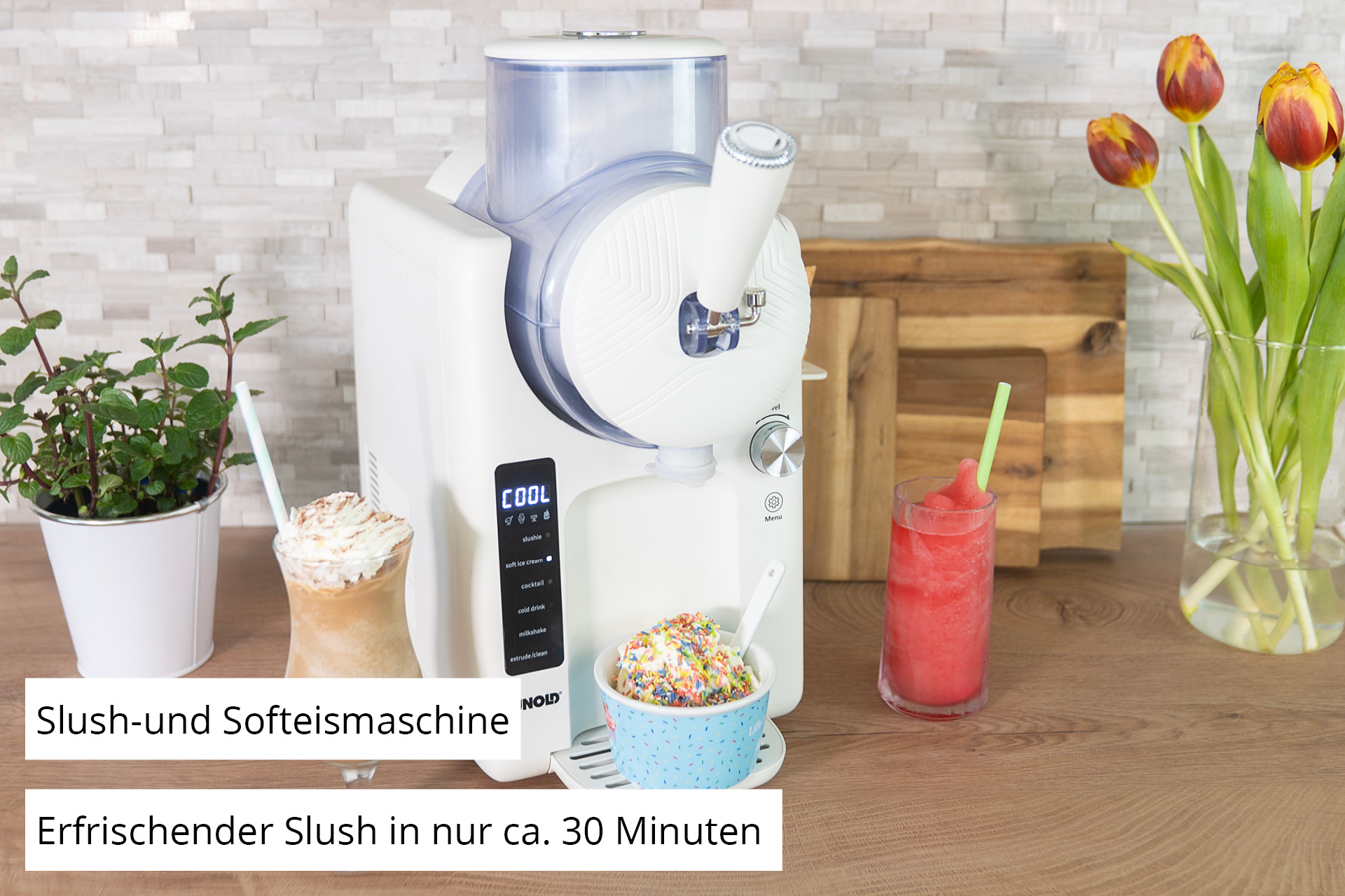2-i-1 slush- og softice-maskine SOFIE (hvid, til 1.500 ml slush eller softice, 150 watt kompressor)