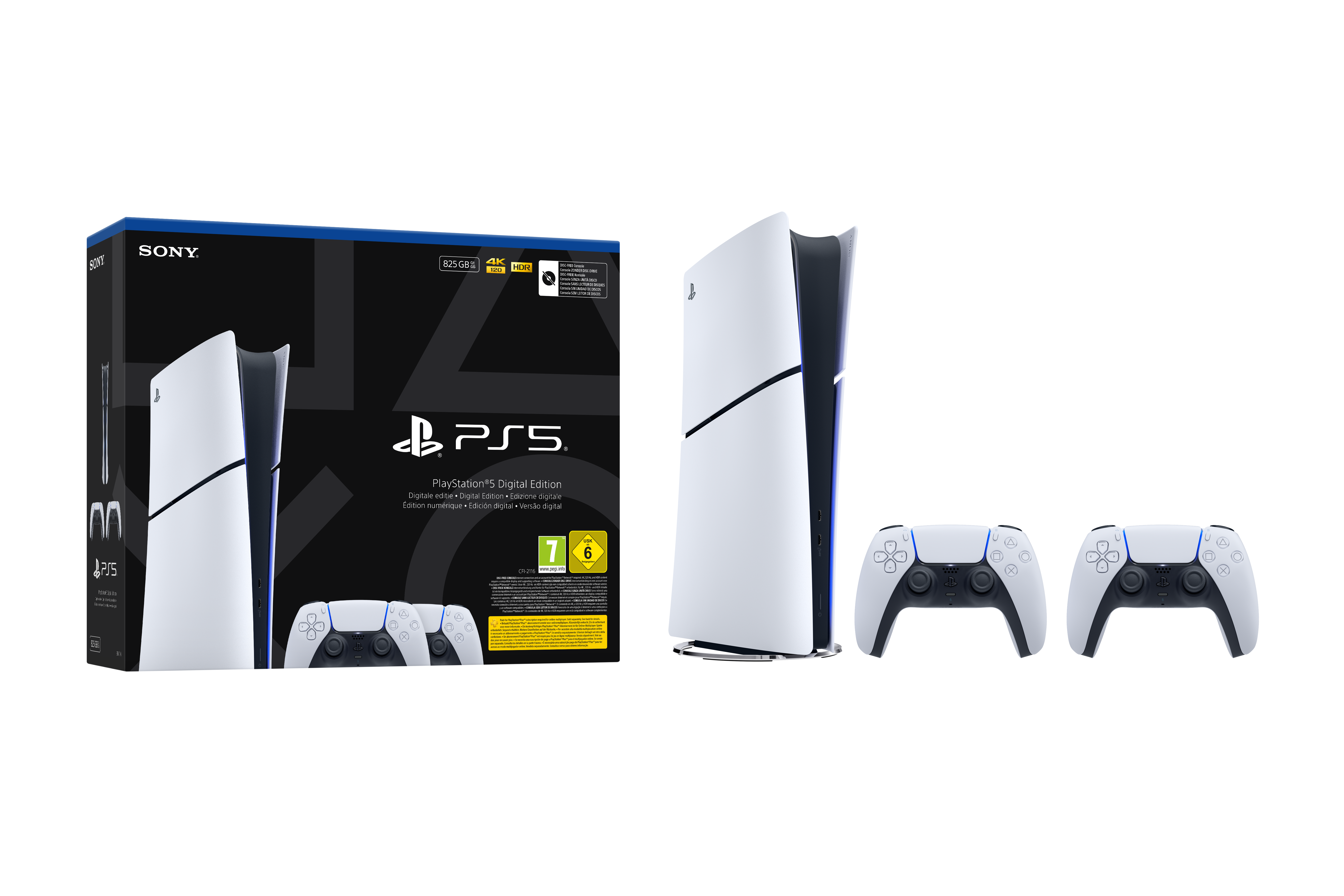 Sony Playstation 5 Slim Digital mit 2 Ctrl, PlayStation 5, Sort, Hvid, 16384 MB, GDDR6, 448 GB/sek., AMD
