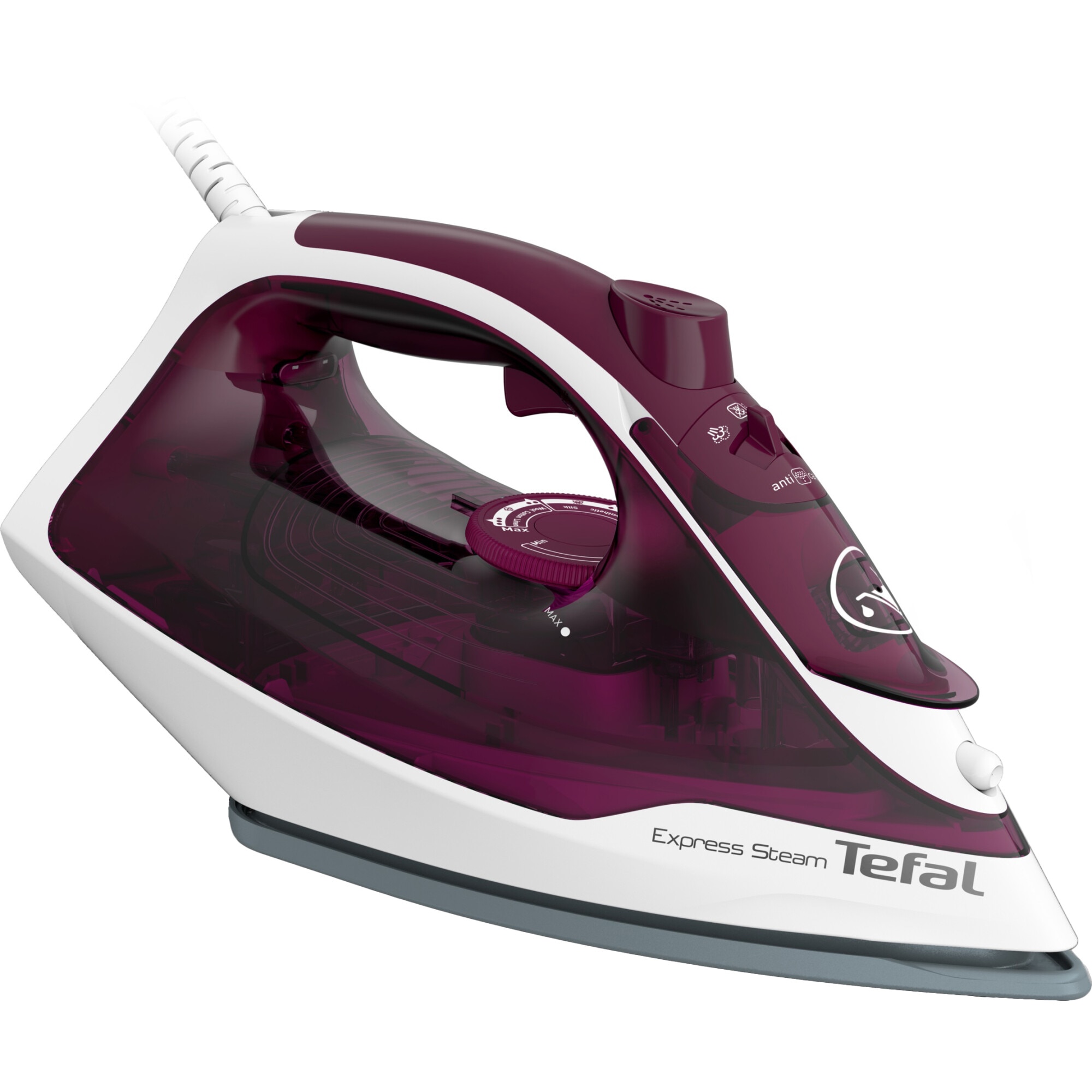Tefal Express Steam FV2835E0, Tør & dampstrygejern, Durilium -strygesål, 1,9 m, 160 g/min, Lilla, Hvid, 35 g/min