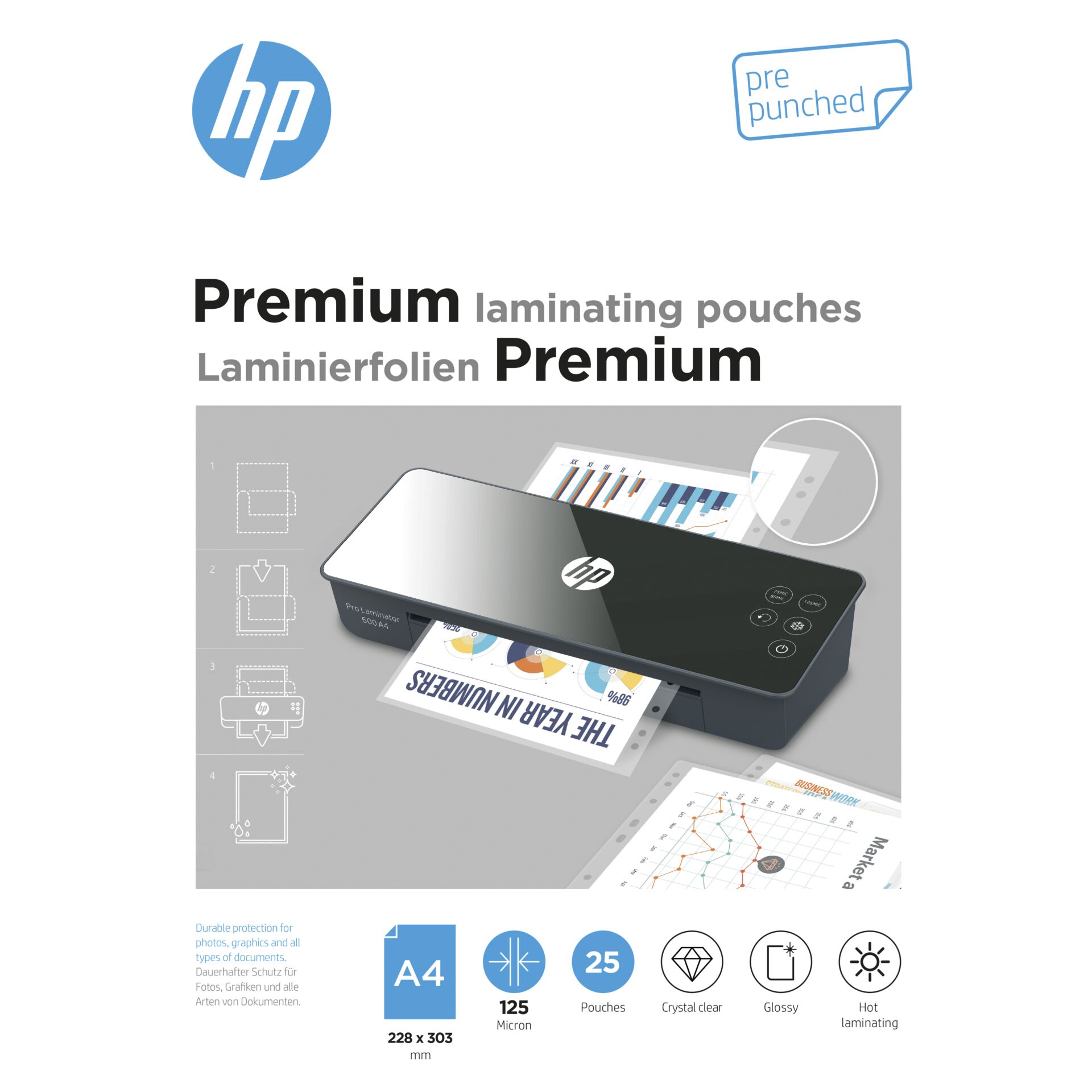 HP Laminierfolien Premium A4 125 Micron 25x mit Lochung