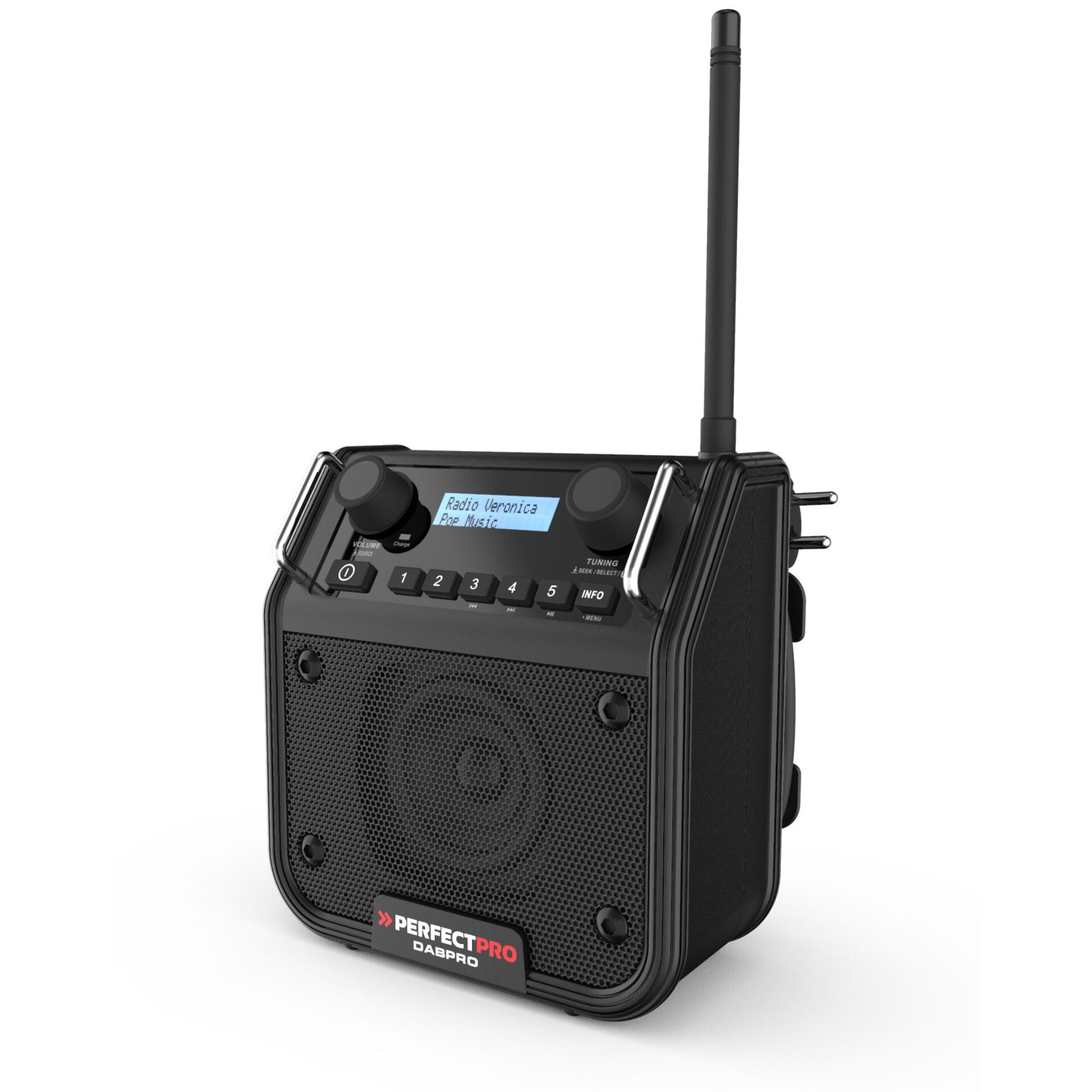 Byggepladsradio PerfectPro DABPRO DAB+, FM stødsikker, genopladelig Sort