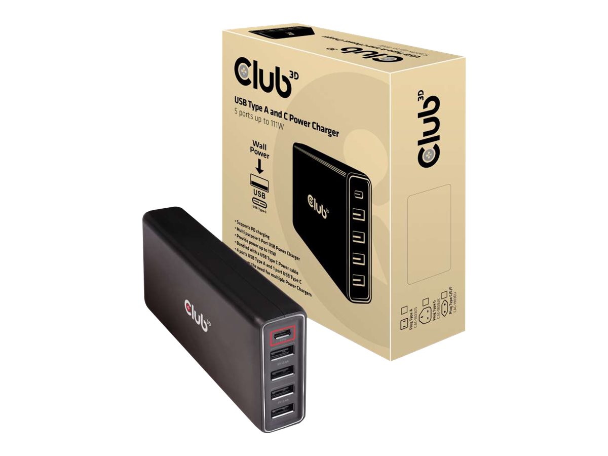 Club 3D CAC-1903 - Strømforsyningsadapter - AC 100-110/240 V - 111 Watt - output-stikforbindelser: 5 - Europa