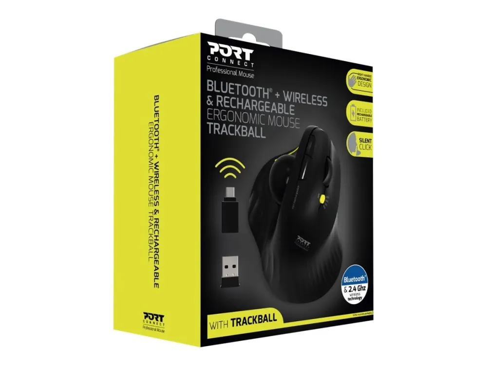 PORT Connect Professional - Lodret mus - ergonomisk - med trackball - højrehåndet - optisk - 5 knapper - trådløs - 2.4 GHz, Bluetooth 3.0, Bluetooth 5.0 - USB / USB-C trådløse modtagere