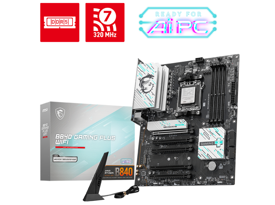 MSI B840 GAMING PLUS WIFI - Bundkort - ATX - Socket AM5 - AMD B840 Chipset - USB 3.2 Gen 2, USB-C 3.2 Gen2, USB 3.2 Gen 1 - 2.5 Gigabit LAN, Wi-Fi 7 - onboard grafik (CPU påkrævet) - HD Audio (8-kanaler)