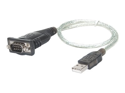 Manhattan USB-A to Serial Converter cable, 45cm, Male to Male, Serial/RS232/COM/DB9, Prolific PL-2303RA Chip, Black/Silver cable, Three Year Warranty,
