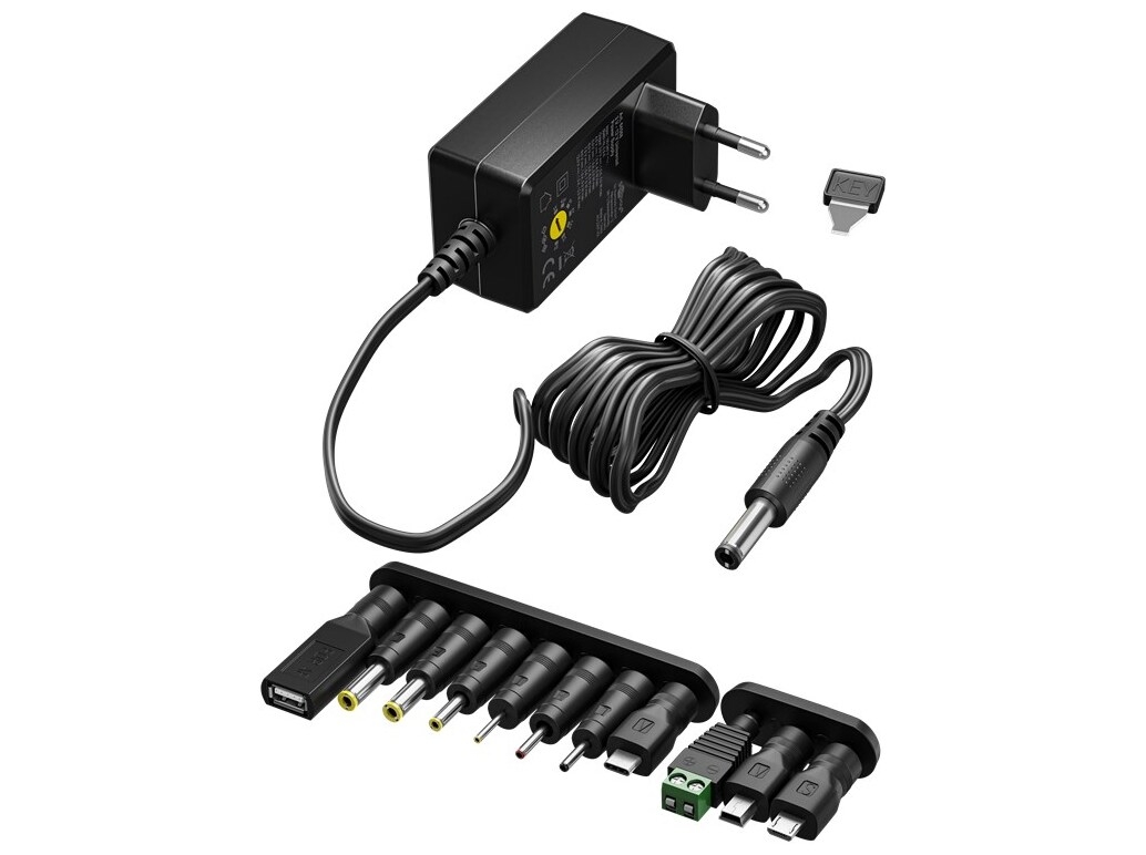 Goobay Universalnätdel 3 V - 12 V, max. 27 W, 2,25 A inkl. 11 adaptrar: 7 DC-adaptrar plus USB-C™, USB-A, USB Mini-B, Micro-USB och terminalblock
