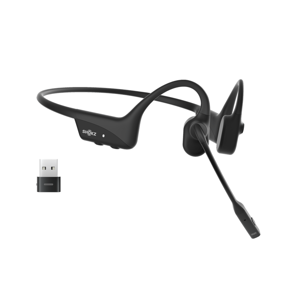 SHOKZ OpenComm2 UC - 2025 Upgrade - headset - åbent øre - bag nakken-montering - Bluetooth - trådløs - USB-C via Bluetooth adapter - sort - Zoom Certified