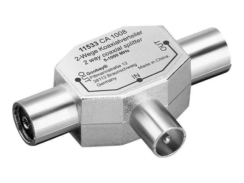 Radio/TV splitter - COAX han til 2 x COAX hun, metal