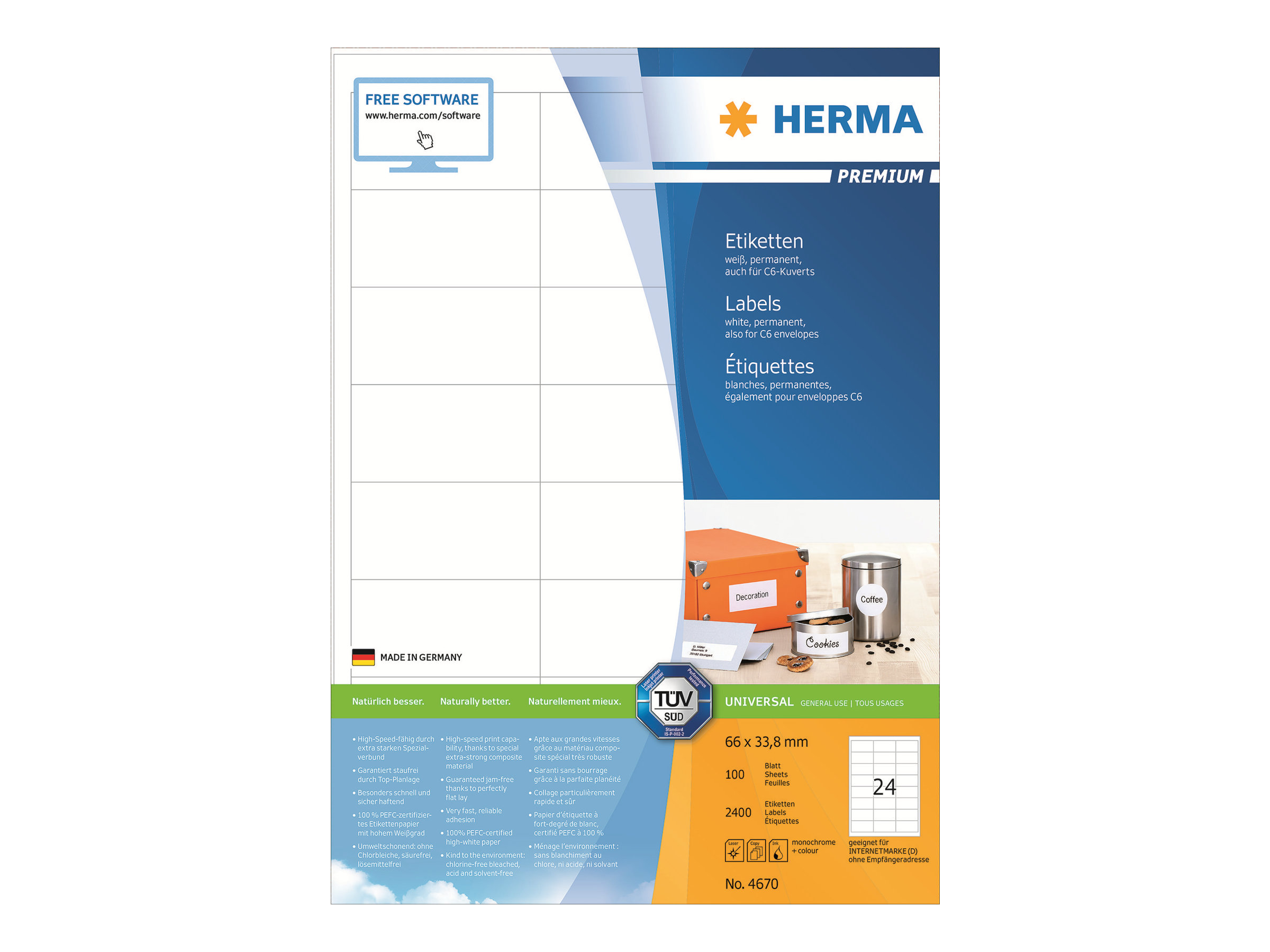 HERMA Premium Laminerede etiketter 66 x 33.8 mm 2400etikette(r)