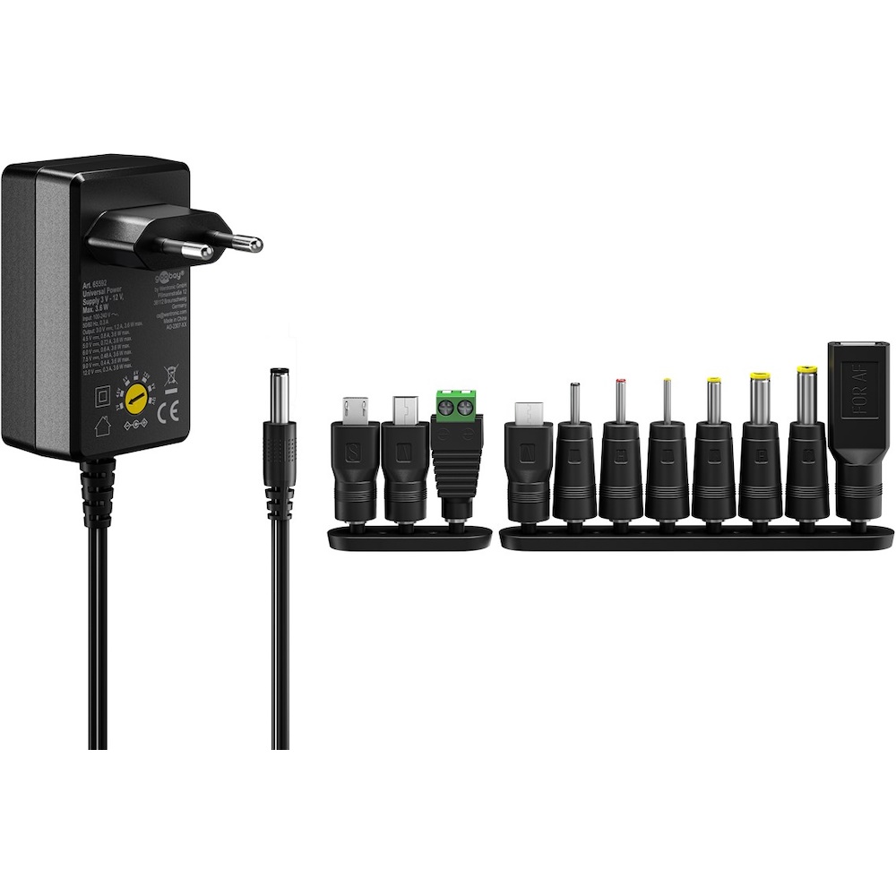 Goobay Universalnätdel 3 V - 12 V, max. 3,6 W inkl. 11 adaptrar: 7 DC-adaptrar plus USB-C™, USB-A, USB Mini-B, Micro-USB och terminalblock