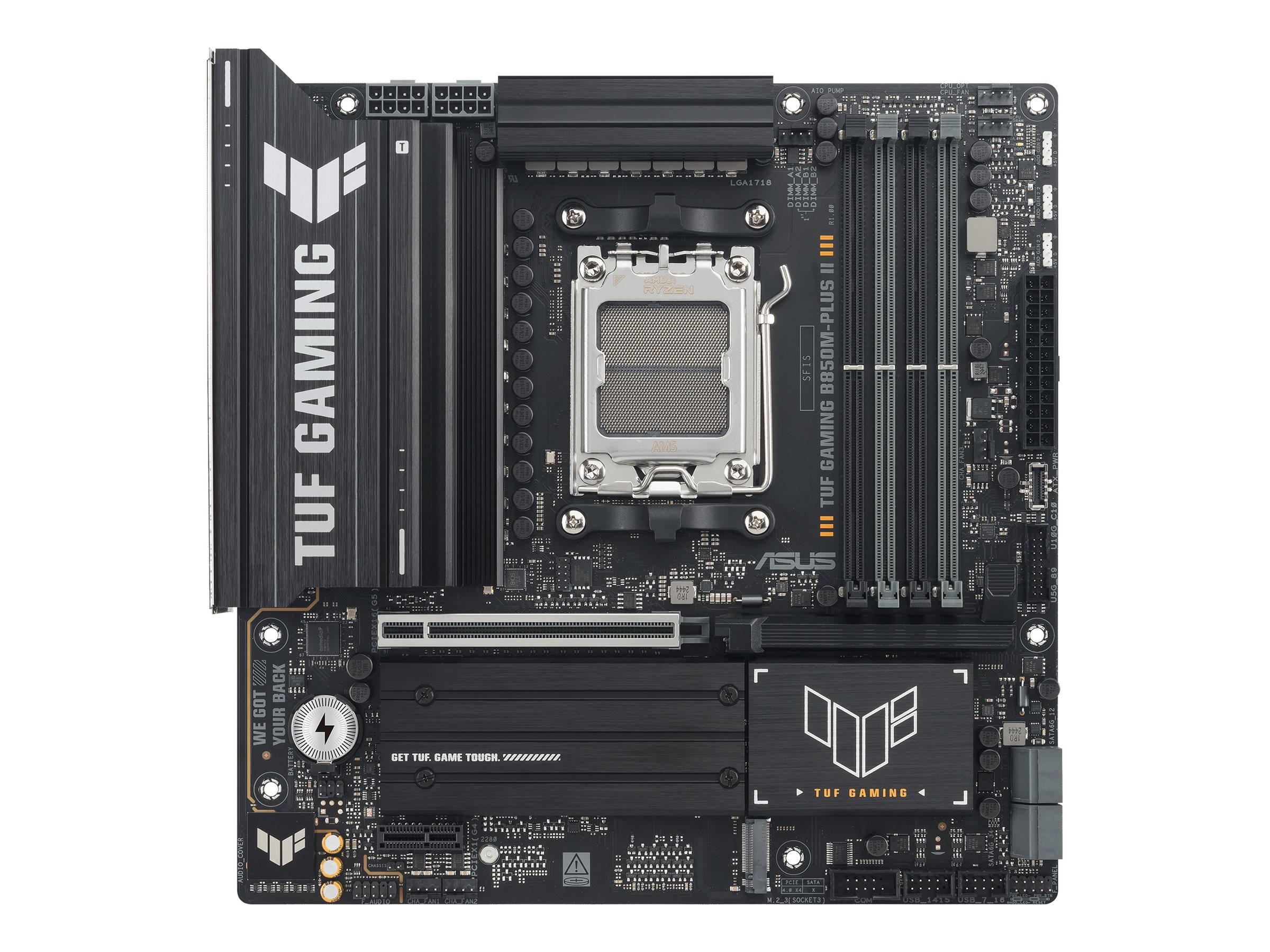 ASUS TUF GAMING B850M-PLUS II - Bundkort - micro ATX - Socket AM5 - AMD B850 Chipset - USB-C 3.2 Gen 2x2, USB-C 3.2 Gen2, USB 3.2 Gen 2, USB 3.2 Gen 1 - 2.5 Gigabit LAN - onboard grafik (CPU påkrævet) - HD Audio (8-kanaler)