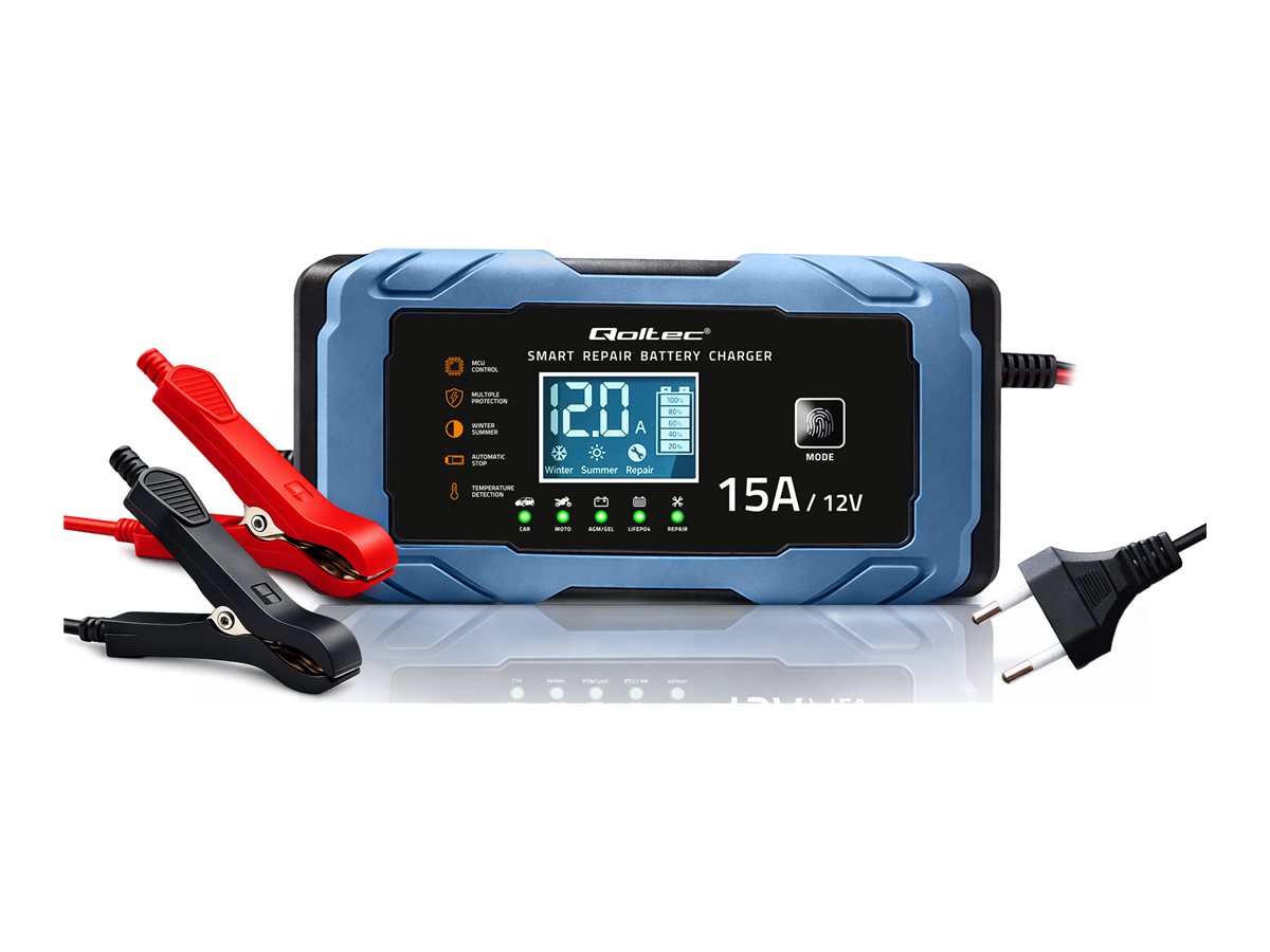 Qoltec intelligent mikroprocessorbaseret oplader 12V 15A | Ensretter med reparationsfunktion | AGM GEL LiFePO4 | 9-trins opladning