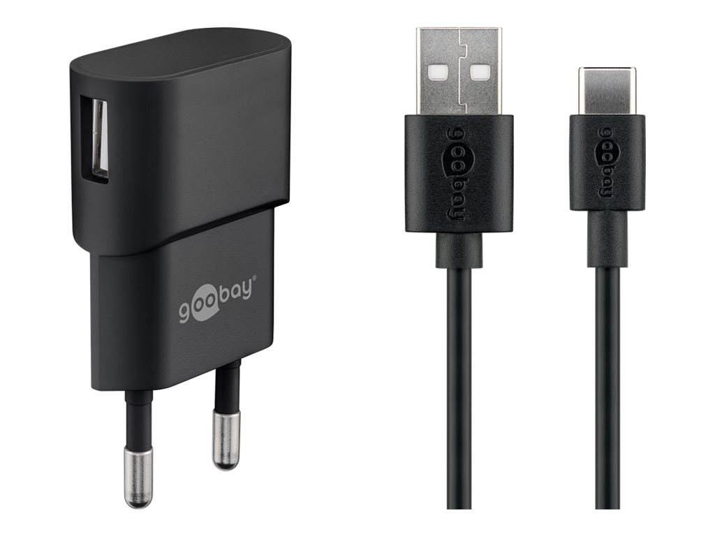 Goobay USB-C™ Dual laddningssats (5 W) Strömförsörjning med USB-C™-kabel 1 m (svart)