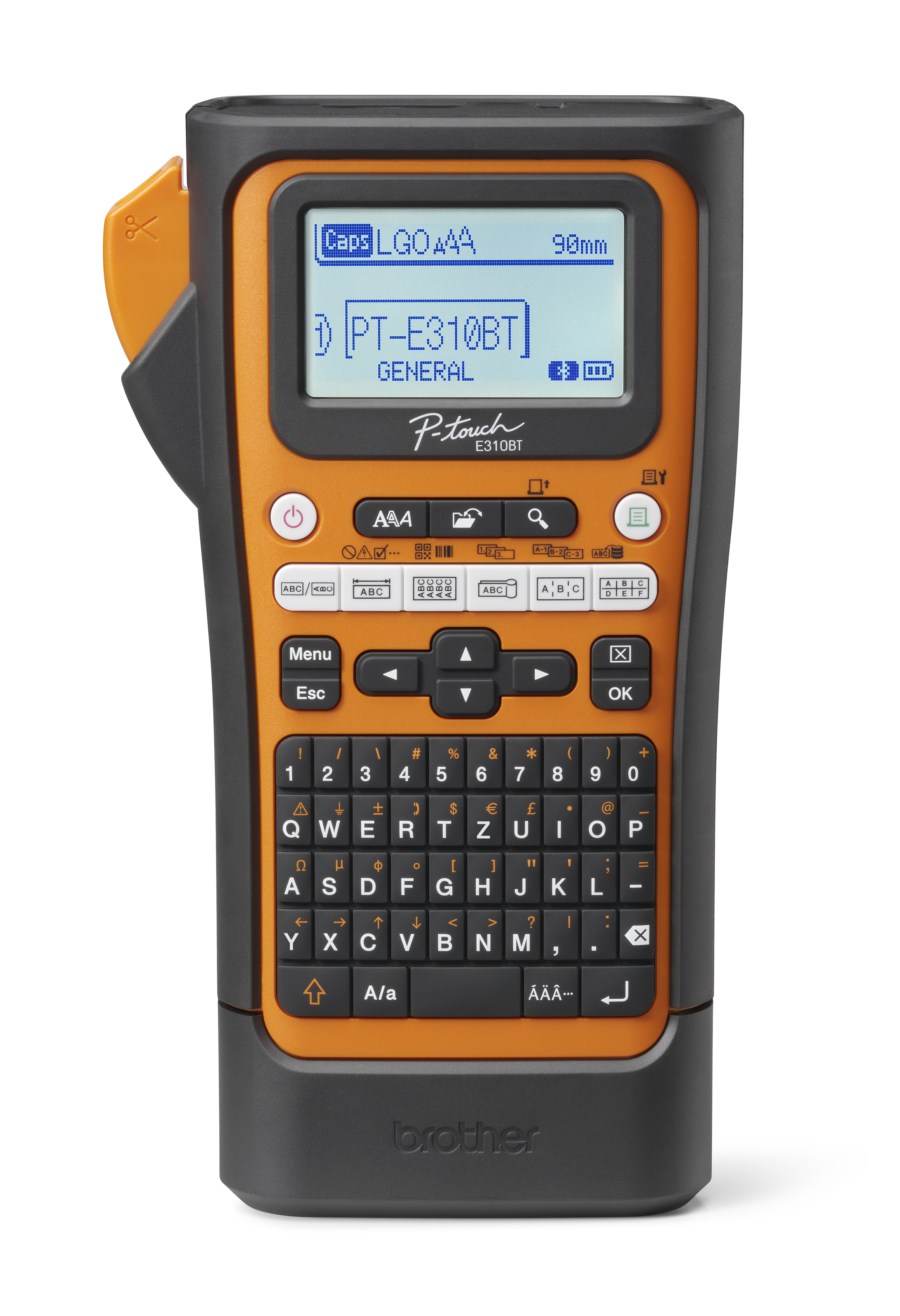 Brother P-Touch PT-E310BTVP - Etikettemaskine - S/H - termo transfer - Rulle (1,8 cm) - 180 dpi - op til 20 mm/sek. - USB 3.0, Bluetooth 5.0 - skærer - spejltryk, hel-skære cutter, printforhåndsvisning - orange, sort