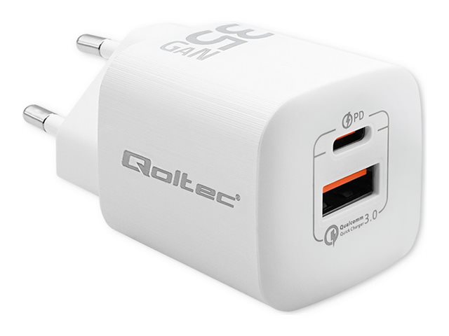 Vægoplader 35 W med USB-C PD og USB-A - Qoltec 50763, hvid