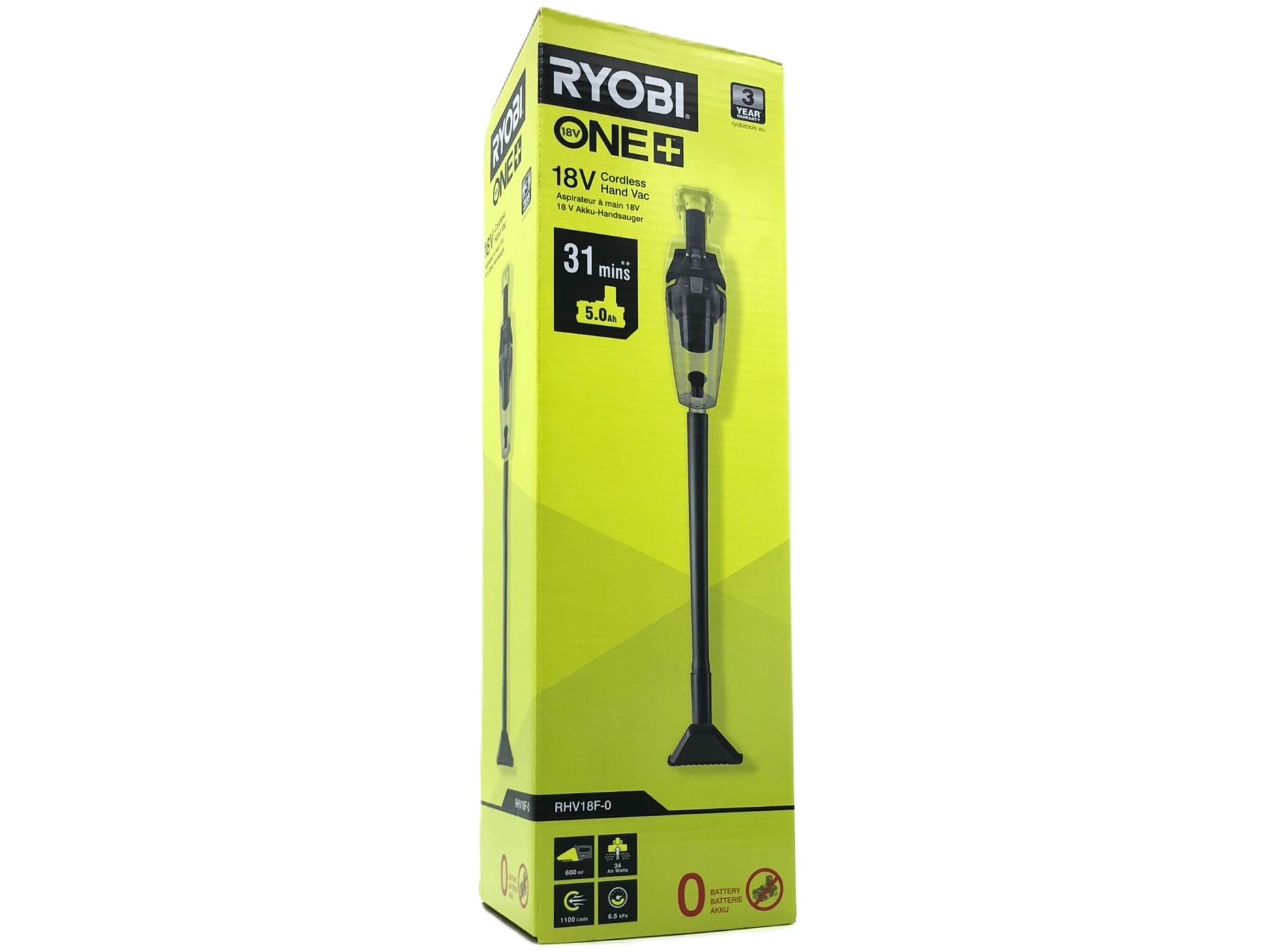 Ryobi RHV18F-0, Dry, 1100 l/min, 80 dB, Poseløs, Sort, Lysegrøn, Transparent, 0,6 L