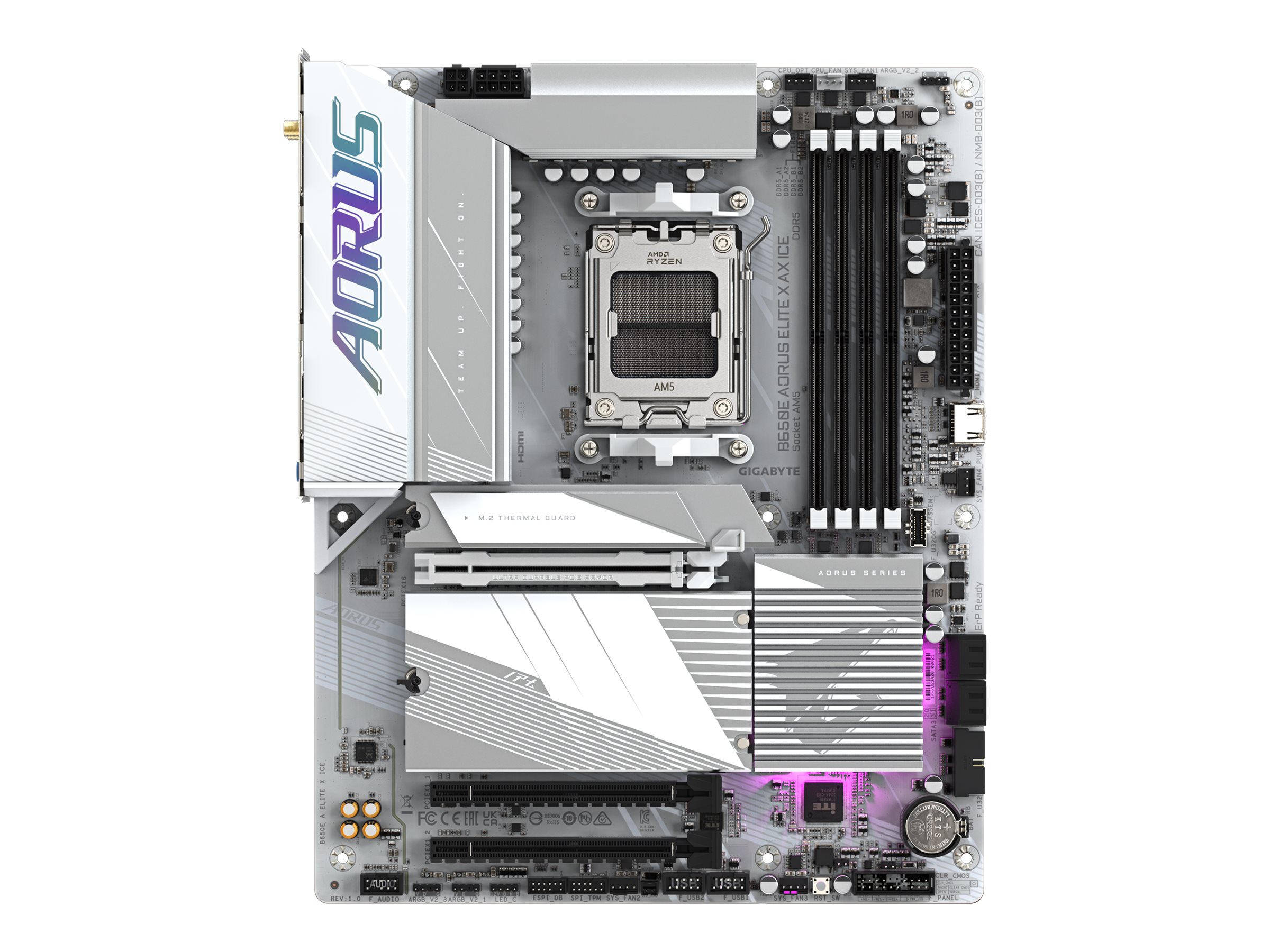 AORUS B650E ELITE X AX ICE - Bundkort - ATX - Socket AM5 - AMD B650 Chipset - USB-C 3.2 Gen2, USB 3.2 Gen 2, USB 3.2 Gen 1, USB-C 3.2 Gen 2x2 - 2.5 Gigabit LAN, Wi-Fi 6E, Bluetooth - onboard grafik (CPU påkrævet) - HD Audio (8-kanaler)