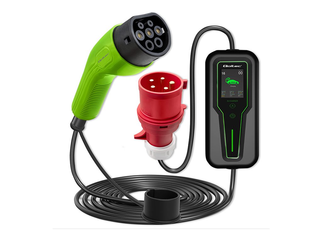 Qoltec - EV-opladningsstation - justerbar, 2-i-1, CEE 5-ben, LCD, 3 fase, bærbar, vægmonteret, 5 m - 11 kW - 16 A (IEC 62196 Type 2) - sort, grøn