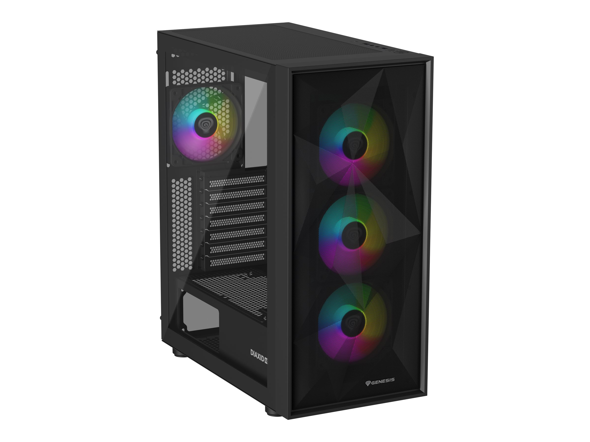 PC kabinet – Genesis Diaxid 605 ARGB midi tower med USB‑C og vindue, sort