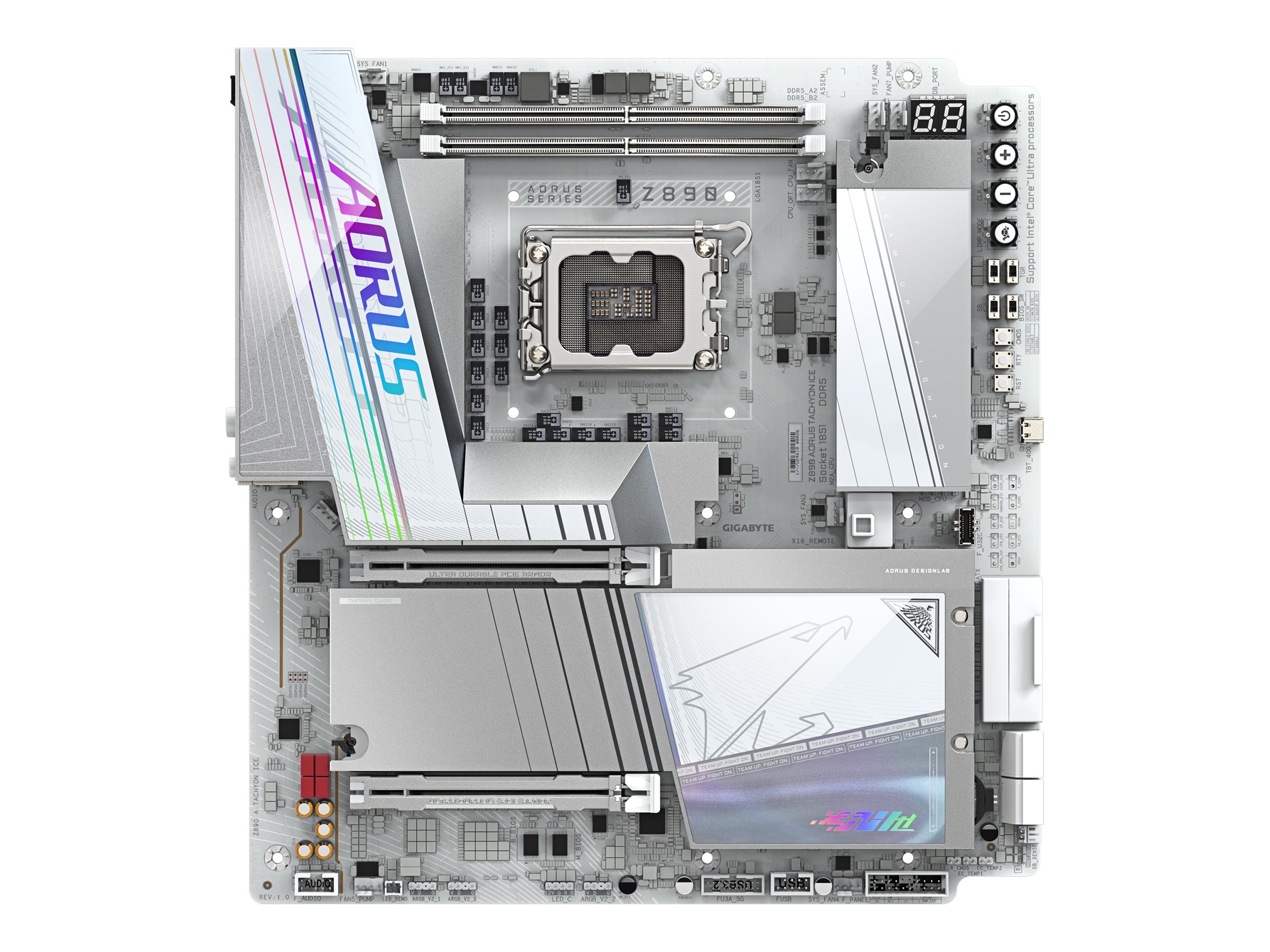 AORUS Z890 TACHYON ICE - Bundkort - udvidet ATX - LGA1851 sokkel - Z890 Chipset - USB-C 3.2 Gen 2x2, USB-C 3.2 Gen2, USB 3.2 Gen 1, USB4 - Bluetooth, Wi-Fi 7, 5 Gigabit Ethernet - onboard grafik (CPU påkrævet) - HD Audio (8-kanaler)