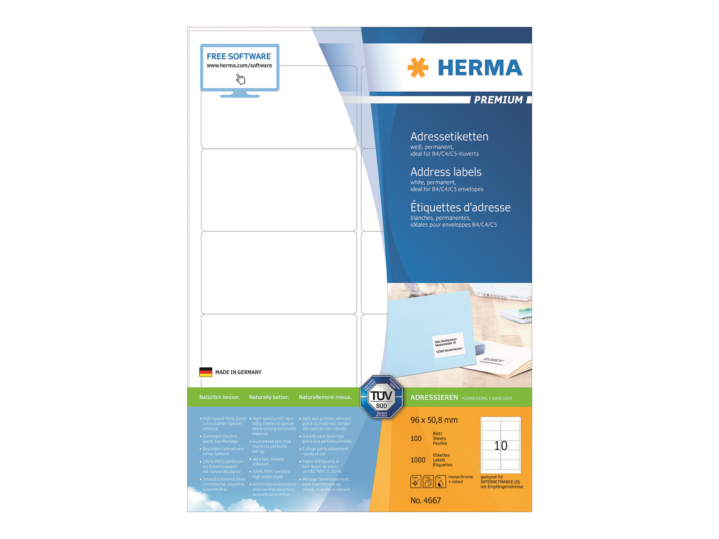 HERMA Premium - Papir - mat - permanent selvklæbende - hvid - 96 x 50.8 mm 1000 etikette(r) (100 ark x 10) laminerede adressemærkater