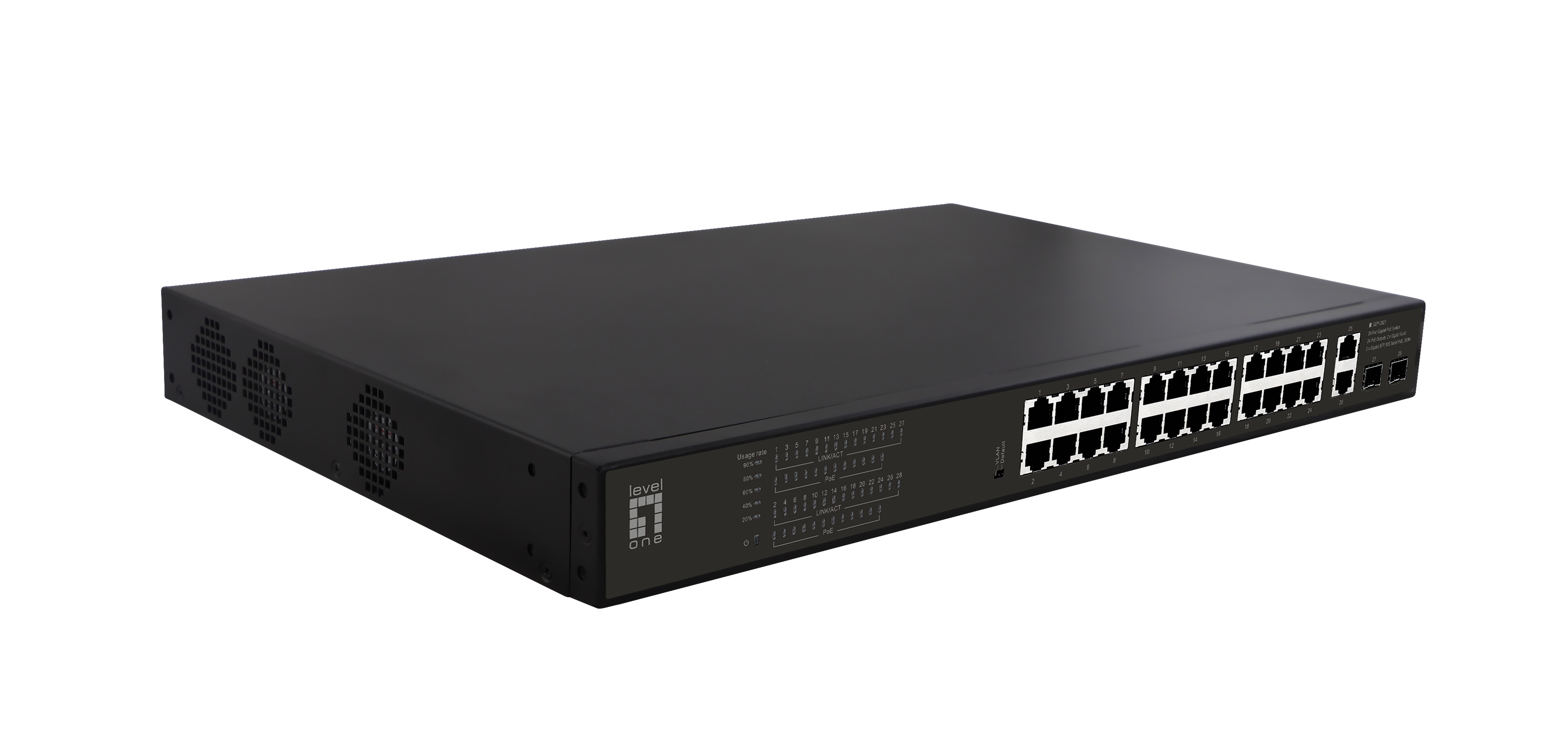 LevelOne GEP-2821 28-Port Gigabit PoE Switch 24 PoE Outputs 2 x Gigabit RJ45 2 x Gigabit SFP 802.3at/af PoE 390W