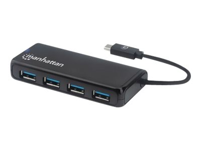 Manhattan USB-C Dock/Hub, Ports (4): USB-A (x4), 5 Gbps (USB 3.2 Gen1 aka USB 3.0), External Power Supply Not Needed, SuperSpeed USB, Black, Three