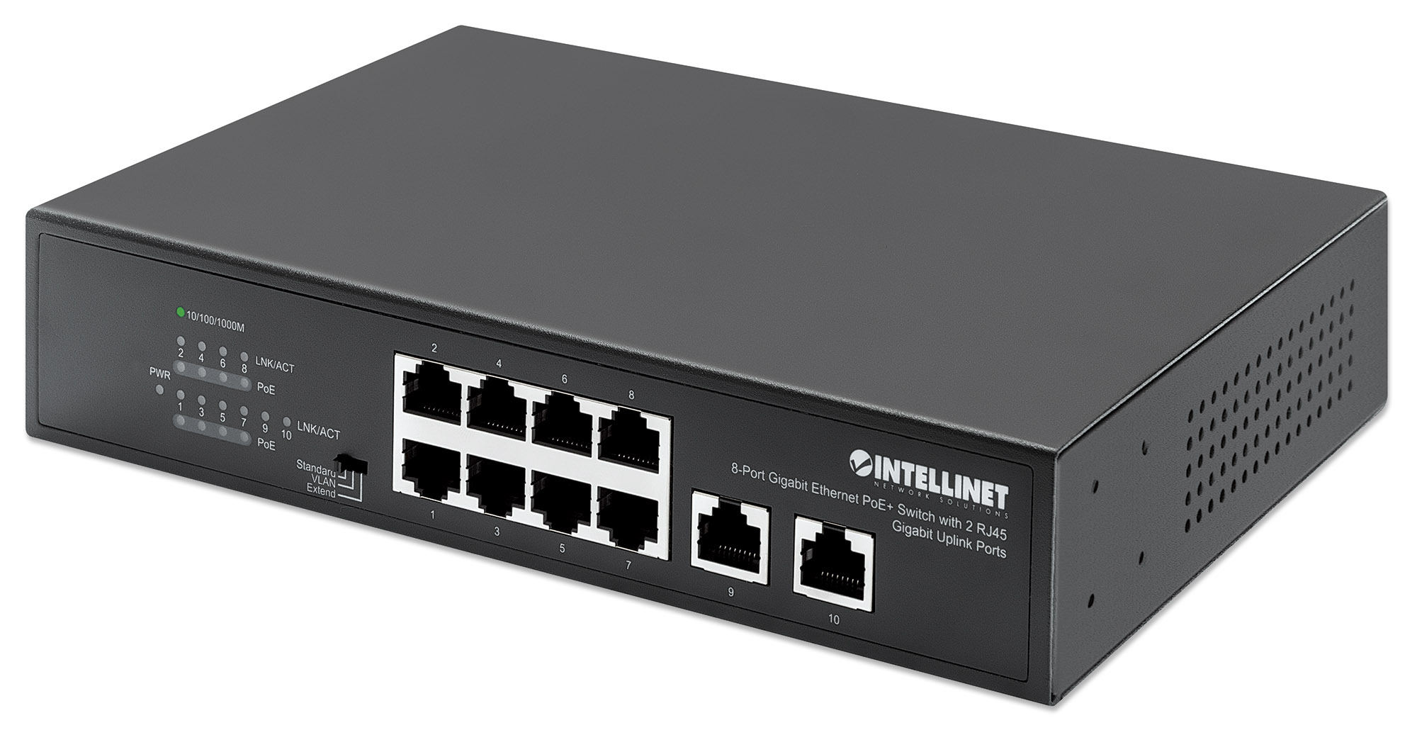 Intellinet 8-port Gigabit PoE+ switch med 2 RJ45 gigabit-uplink - desktop