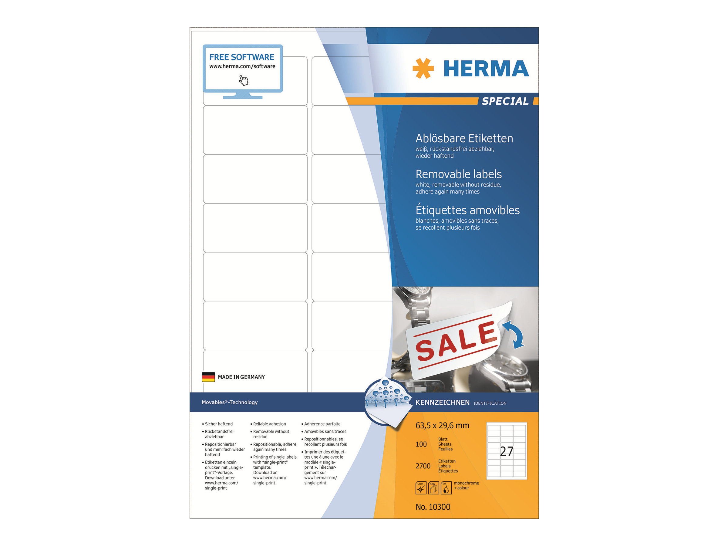 HERMA Special - Papir - mat - aftagelig selvklæbende - hvid - 63.5 x 29.6 mm 2700 etikette(r) (100 ark x 27) etiketter