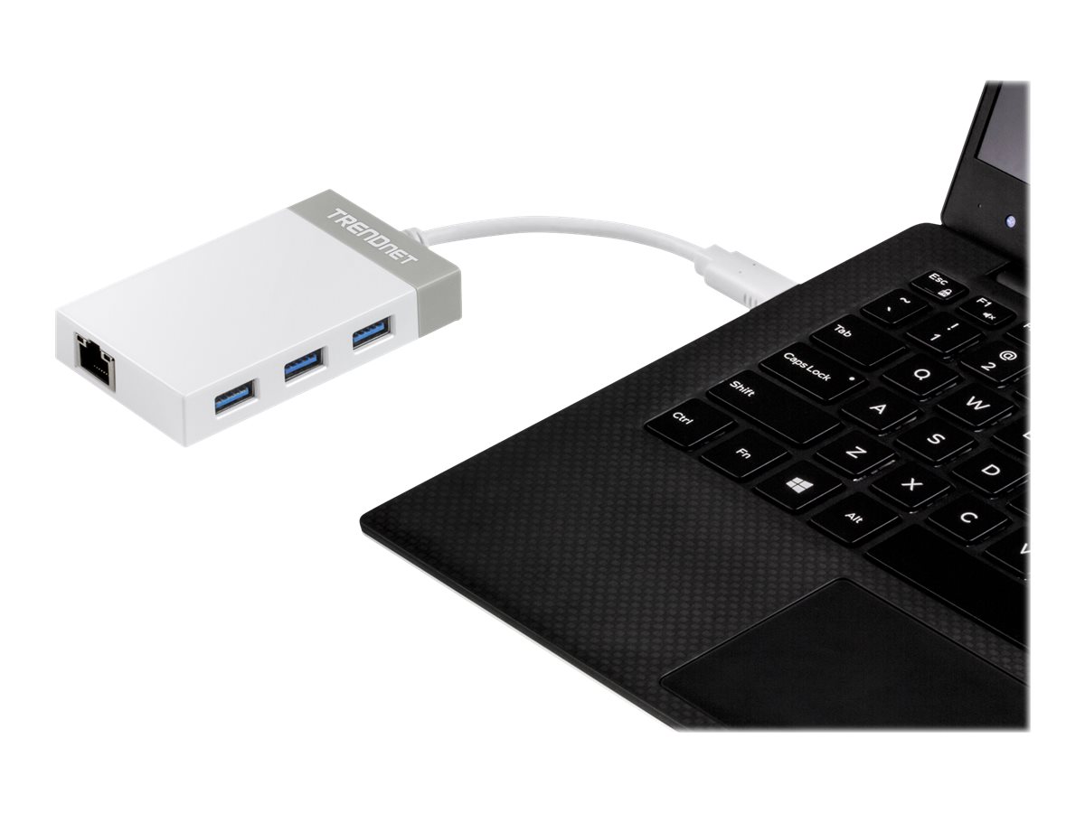 USB-C netværkskort Trendnet TUC-ETGH3 med 3× USB-A og Ethernet