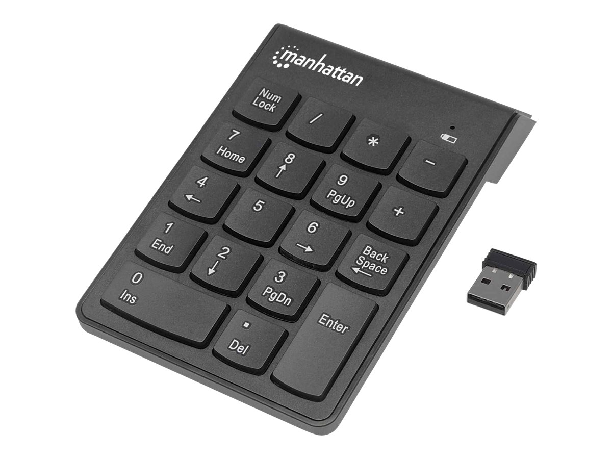 Manhattan Numeric Keypad, Wireless (2.4GHz), USB-A Micro Receiver, 18 Full Size Keys, Black, Membrane Key Switches, Auto Power Management, Range 10m,