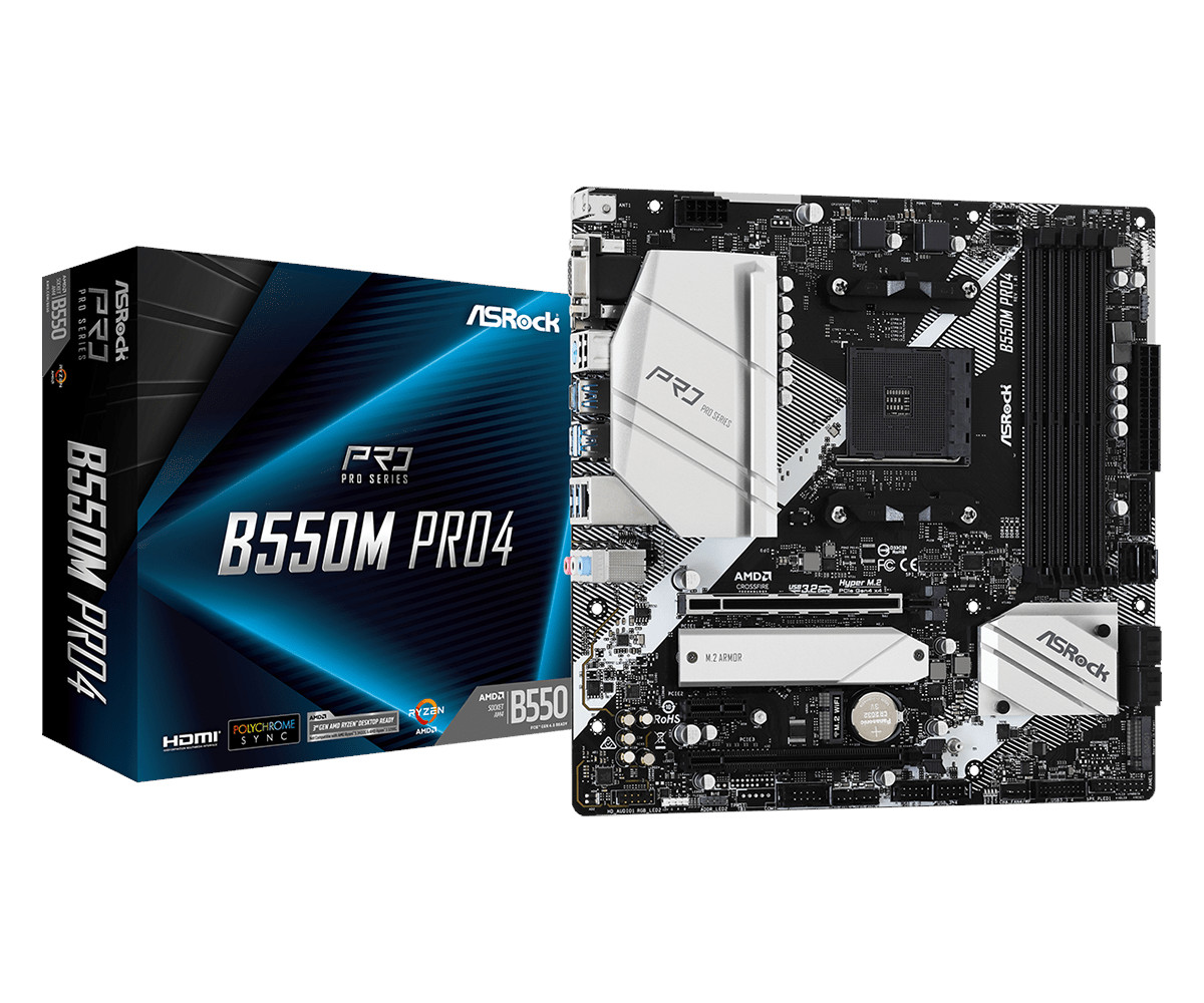 ASRock B550M Pro4 - Bundkort - micro ATX - Socket AM4 - AMD B550 Chipset - USB-C Gen2, USB 3.2 Gen 1, USB 3.2 Gen 2 - Gigabit LAN - onboard grafik (CPU påkrævet) - HD Audio (8-kanaler)