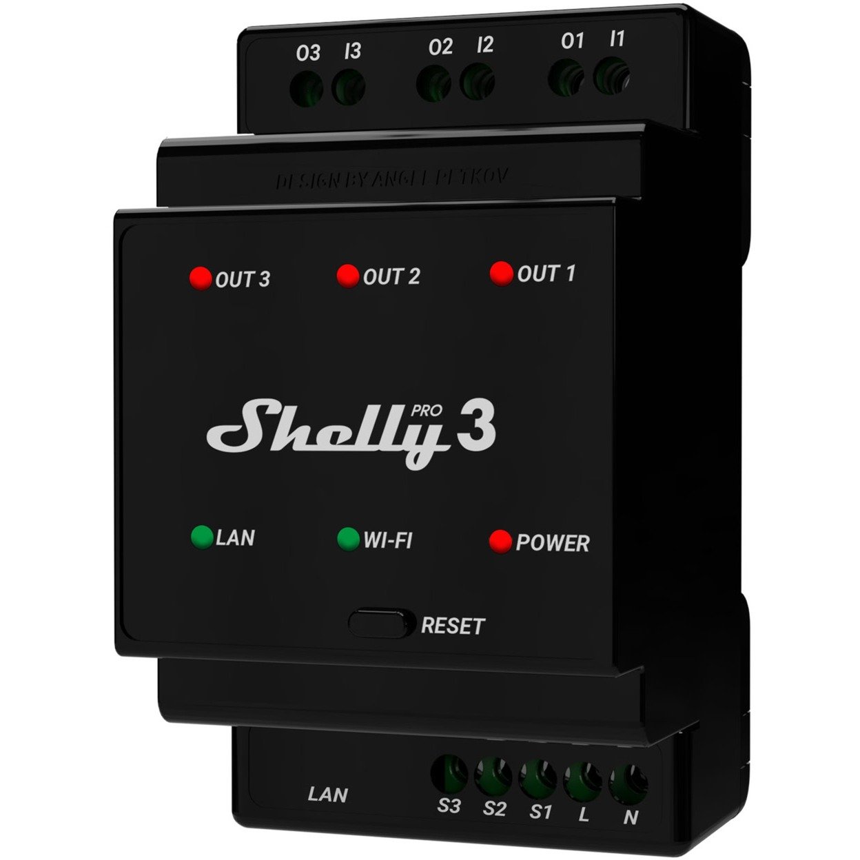 Shelly Pro 3, WiFi rel 3-kanals 3x16A (48A max), potentialfrie kontaktst, DIN-skinne