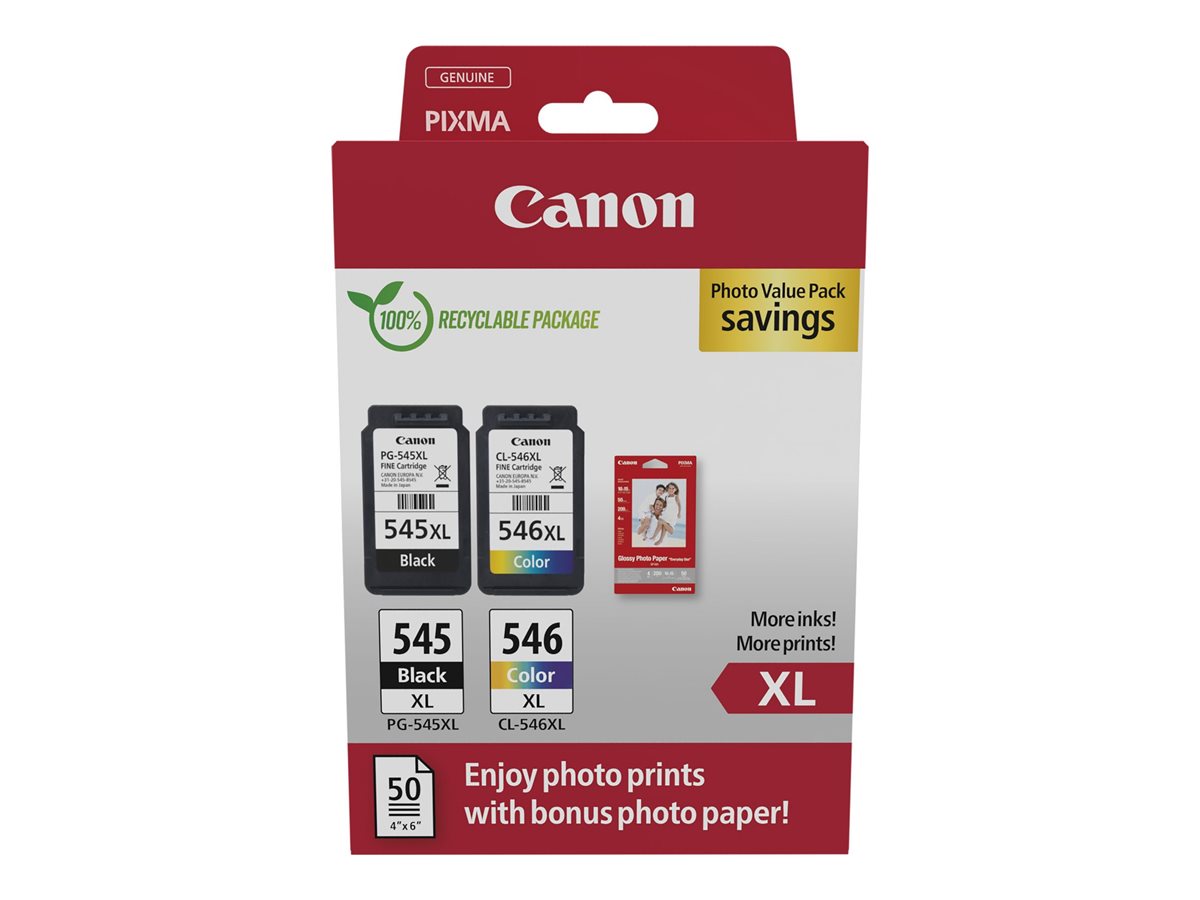 Canon PG 545 XL/CL-546XL Photo Value Pack Sort Farve (cyan, magenta, gul) 100 x 150 mm 50ark Blækpatron/papirsæt