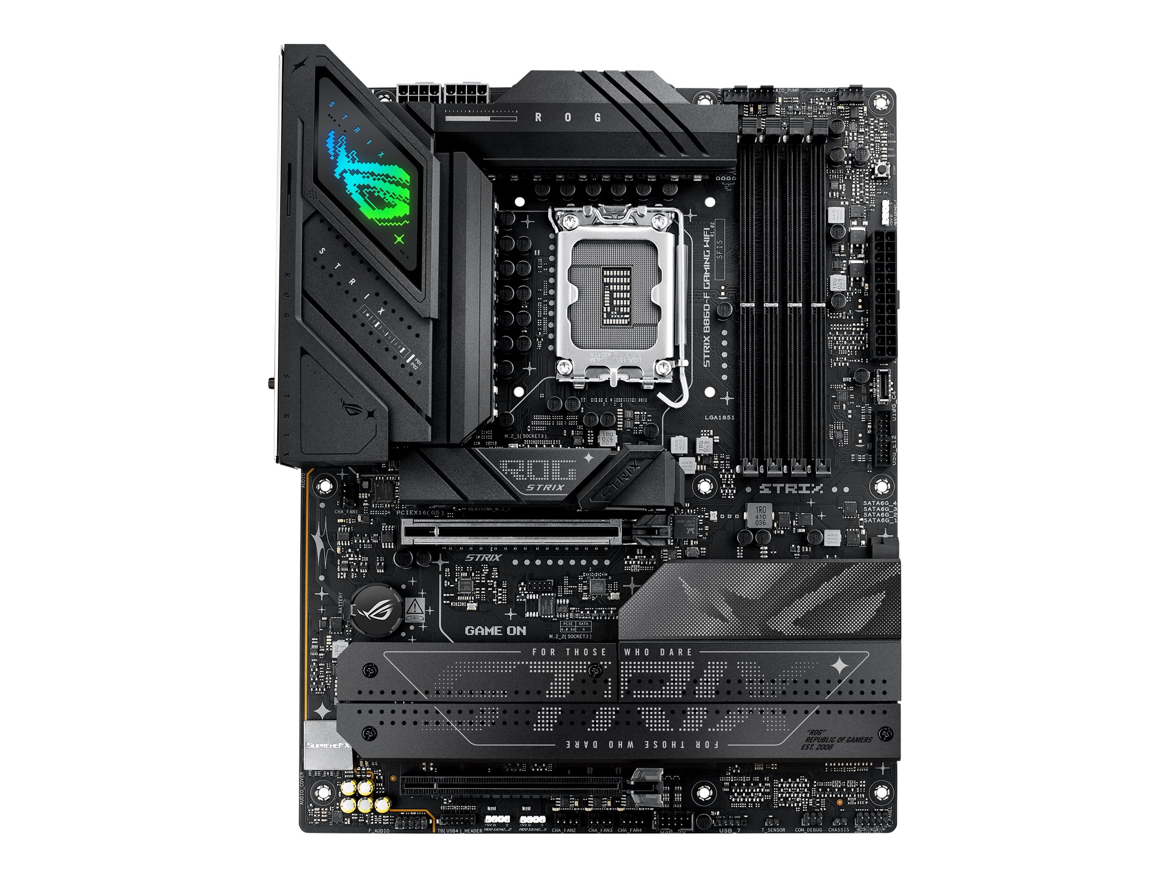 ASUS ROG STRIX B860-F GAMING WIFI - Bundkort - ATX - LGA1851 sokkel - B860 Chipset - USB4, USB 3.2 Gen 2, USB-C 3.2 Gen 2x2, USB 3.2 Gen 1 - Wi-Fi 7, 2.5 Gigabit LAN, Bluetooth - onboard grafik (CPU påkrævet) - HD Audio (8-kanaler)