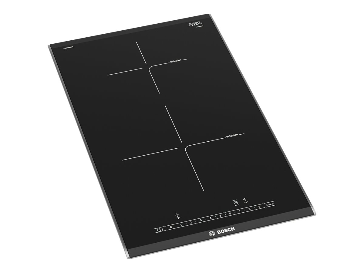 Bosch Serie | 6 PIB375FB1E - Induktions kogeplade - 2 plader - Niche - bredde: 27 cm - dybde: 49 cm - med kantet front og ryg-pynt, - med sideprofiler - børstet aluminium/sort