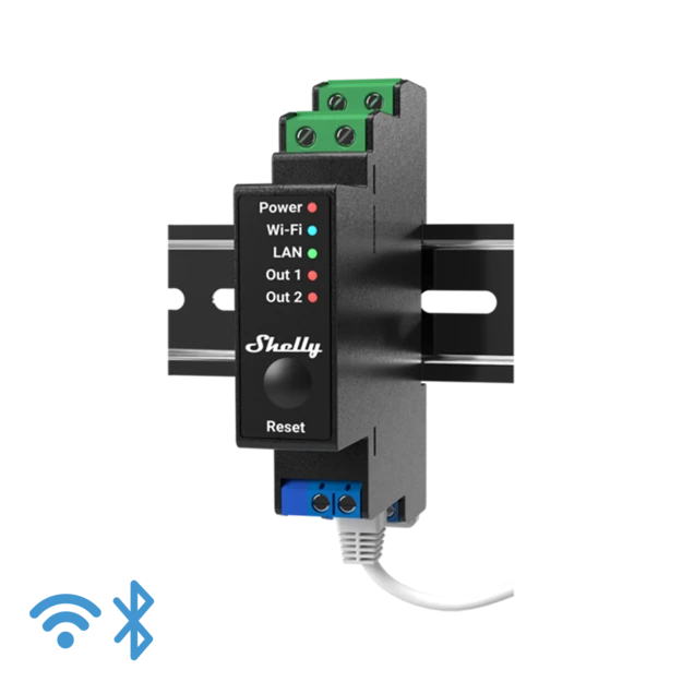 Shelly Pro 2PM, 2-kanals rel med effektmling, 2x16A, WiFi, til DIN-skinne