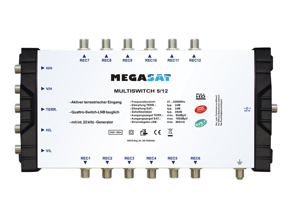 Megasat Multiswitch 5/12 Satelit / jordisk signal multikontakt Sort Hvid