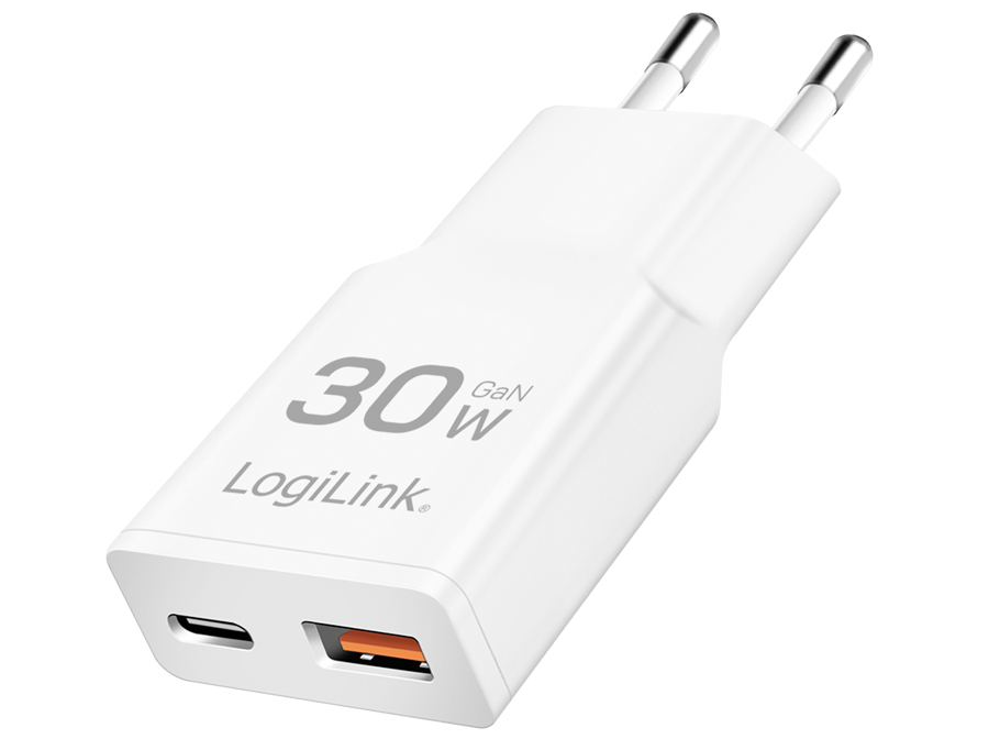 Logilink adapter GaN 30Watt 1xUSB-C 1xUSB-A Hvid