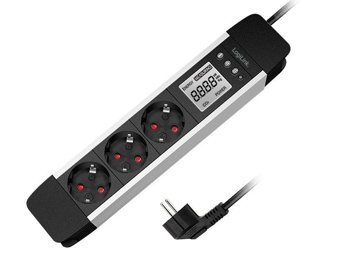 LOGILINK 3-way socket strip,bl/sil LCD display,real-time energy consum.