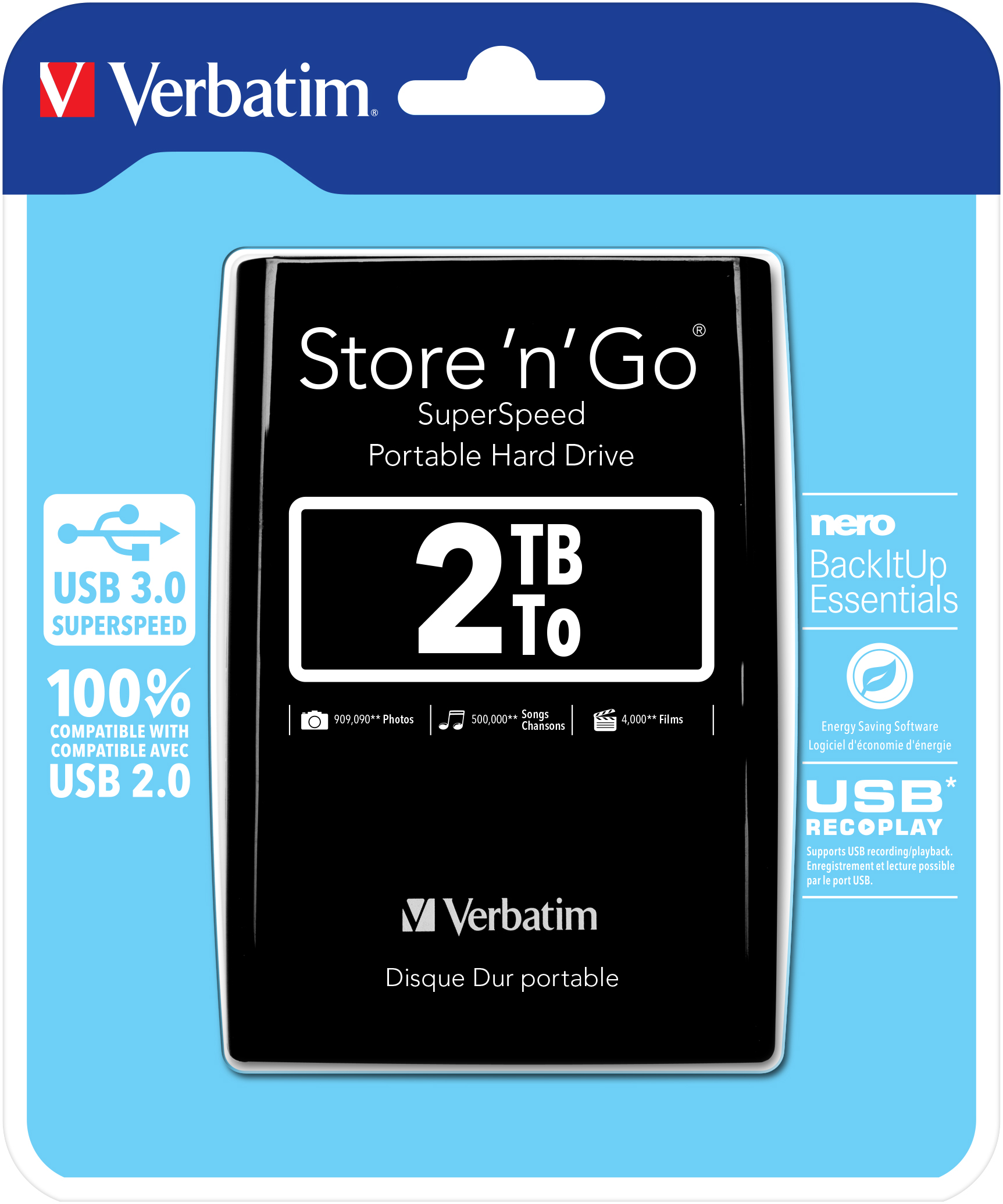 Verbatim Store'n'Go Portable Black - 2TB - Ekstern Harddisk - Sort