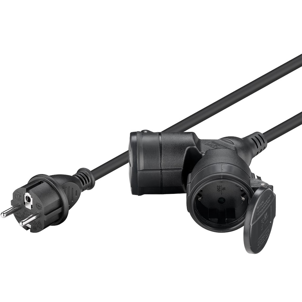 Goobay Dubbel förlängningskabel för utomhusbruk, 5 m, svart jordad hybrid stickpropp (typ E/F, CEE 7/7) > 2x jordat uttag (typ F, CEE 7/3)
