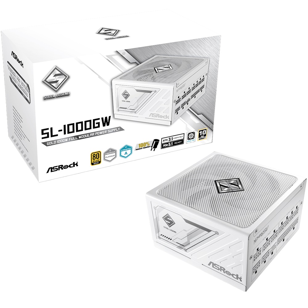 ASRock Steel Legend SL-1000GW - Strømforsyning (intern) - ATX12V 3.1/ EPS12V - 80 PLUS Gold - Cybenetics Platinum - AC 100-240 V - 1000 Watt - hvid stål