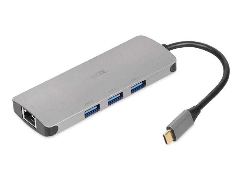 iBox IUH3RJ4K USB-C hub – 3x USB-A, HDMI 4K30, RJ-45, SD-kortlæser – Sølv